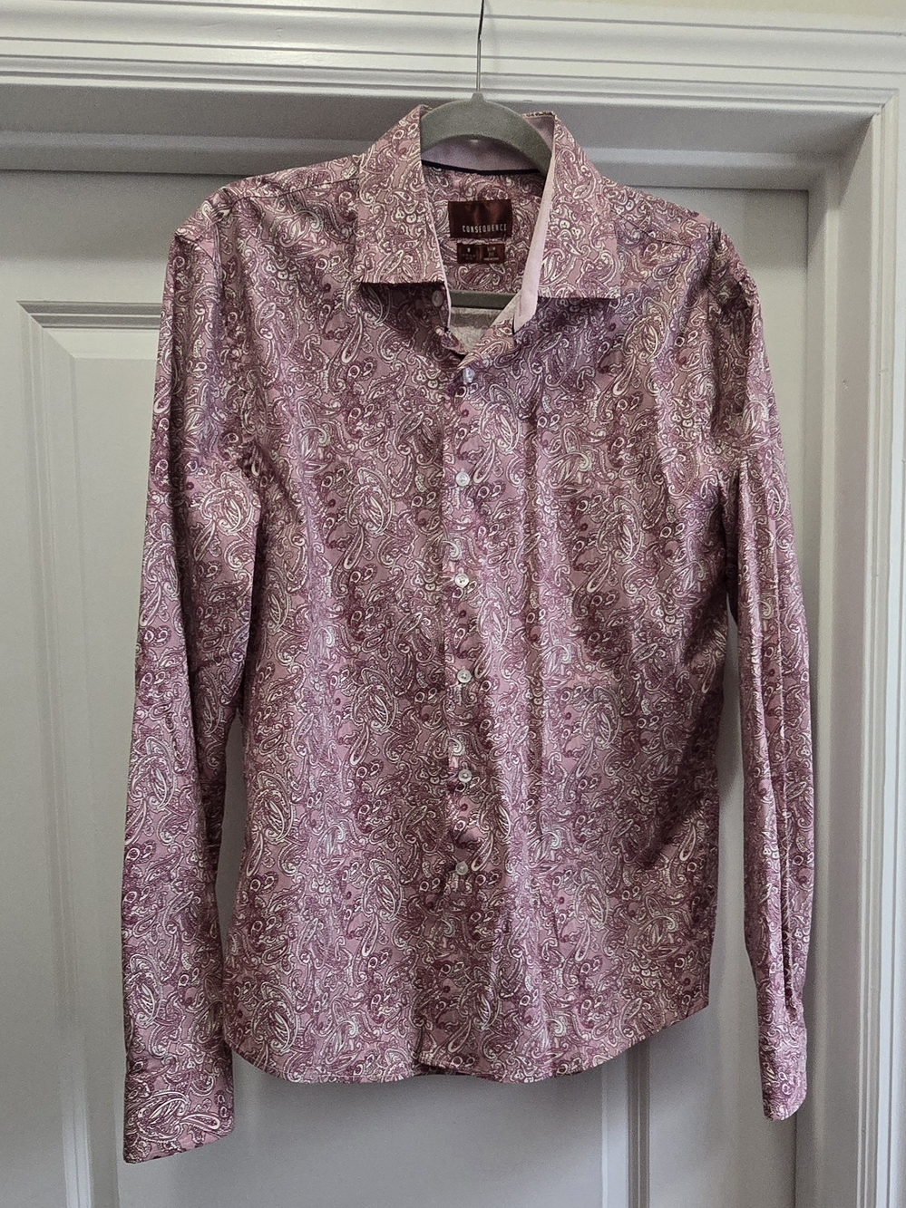 Consequence Men's Slim Fit Paisley Dress Shirt Pink Purple White Size - M 15.5
